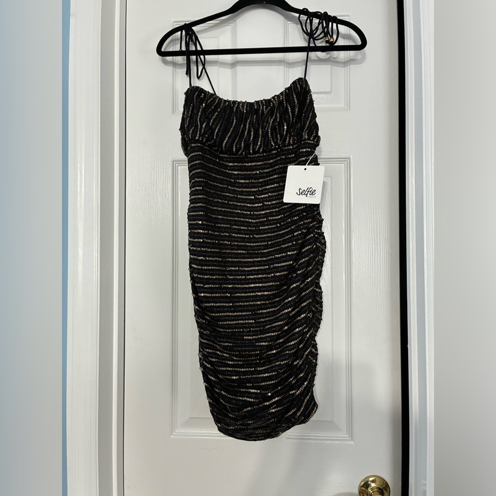 Selfie Leslie Black and Gold Striped Dress